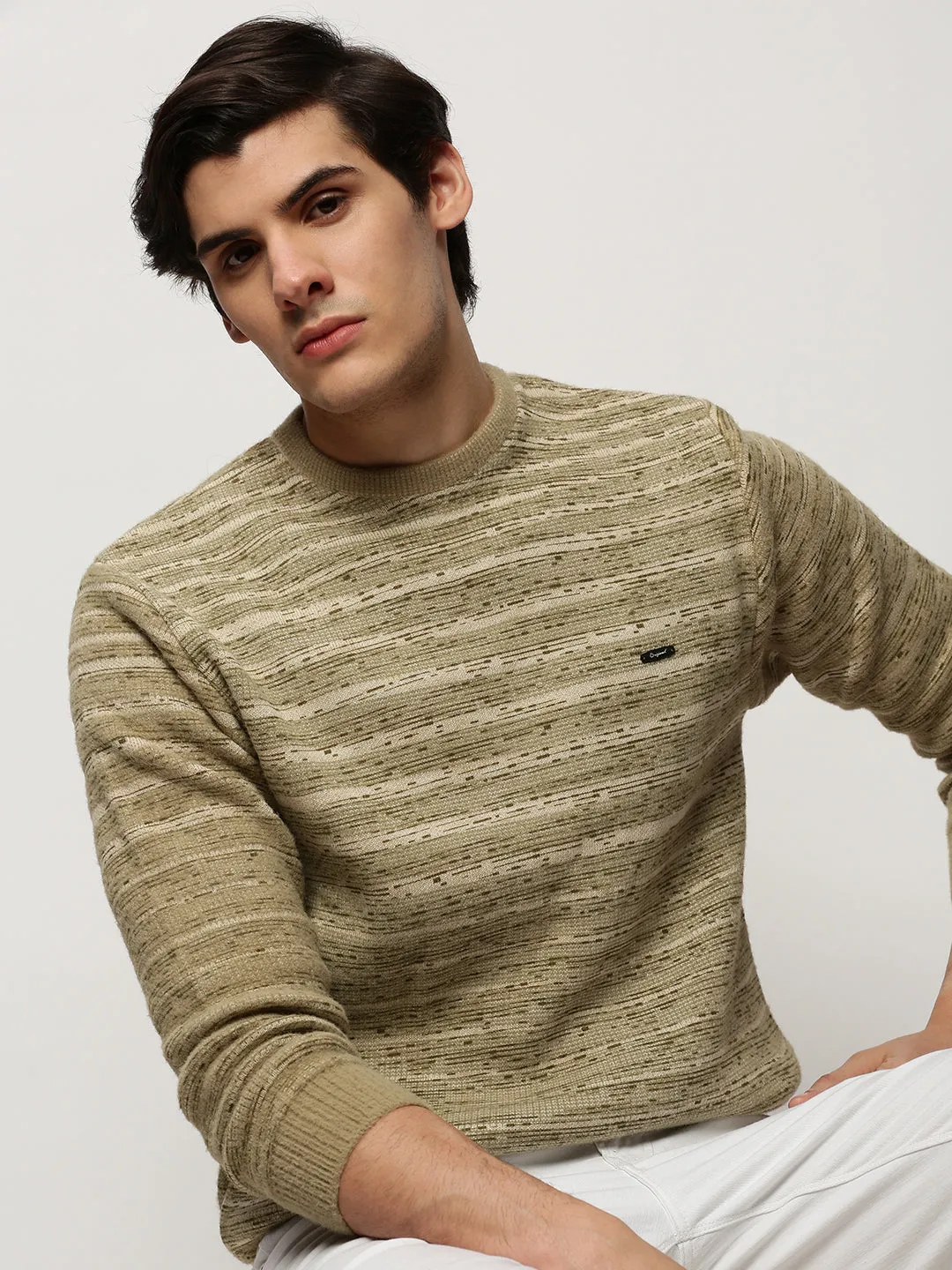 Men Olive Striped Acrylic Pullover
