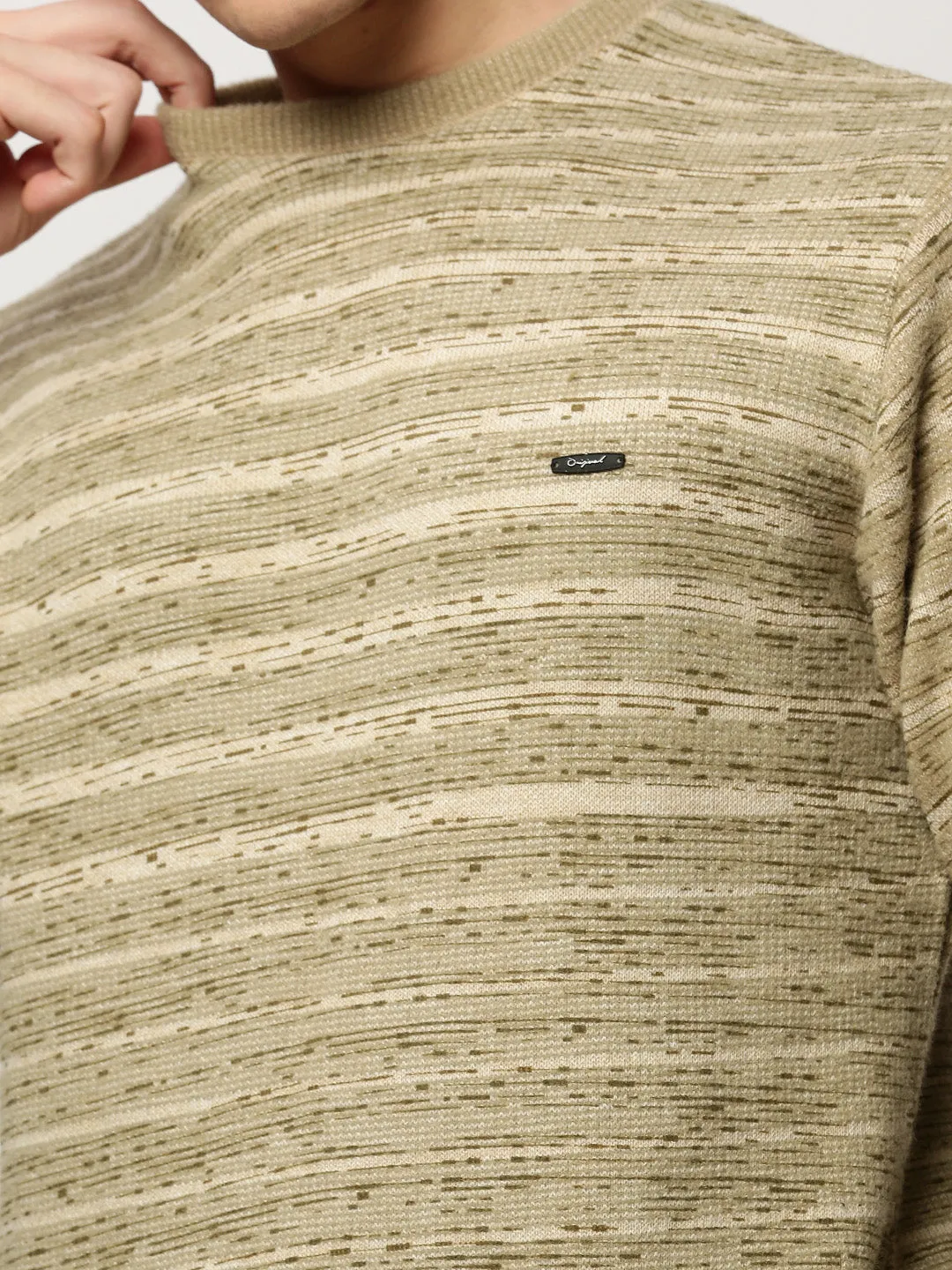 Men Olive Striped Acrylic Pullover