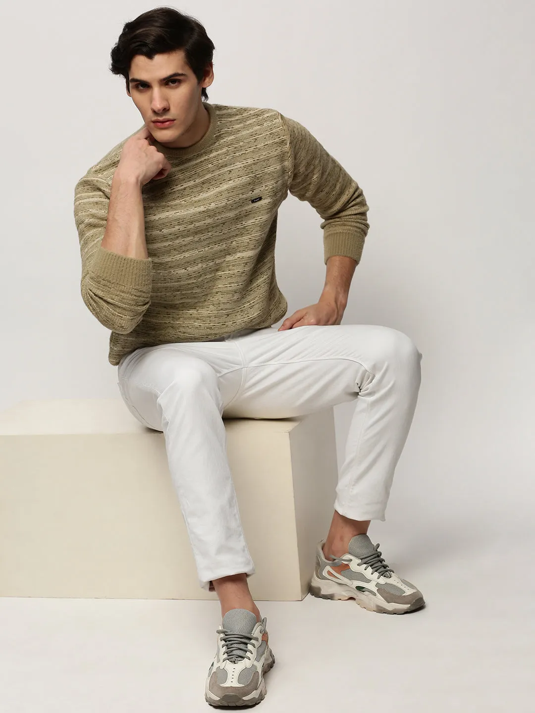 Men Olive Striped Acrylic Pullover
