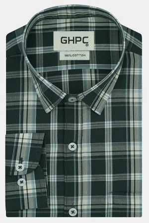 Men's 100% Cotton Tartan Checkered Full Sleeves Shirt (Forest Green)