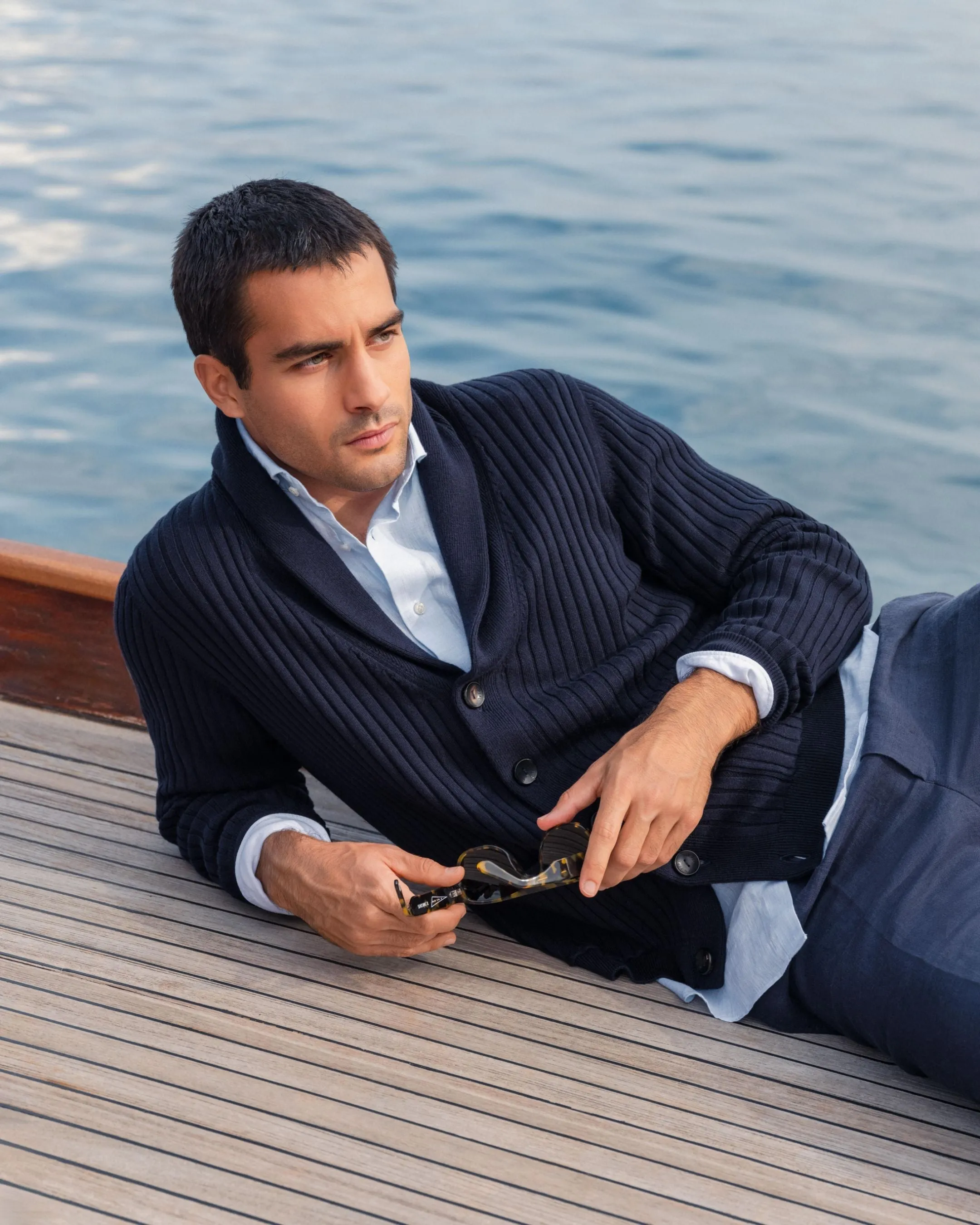 Men's Cotton Blend Shawl Cardigan Navy Blue