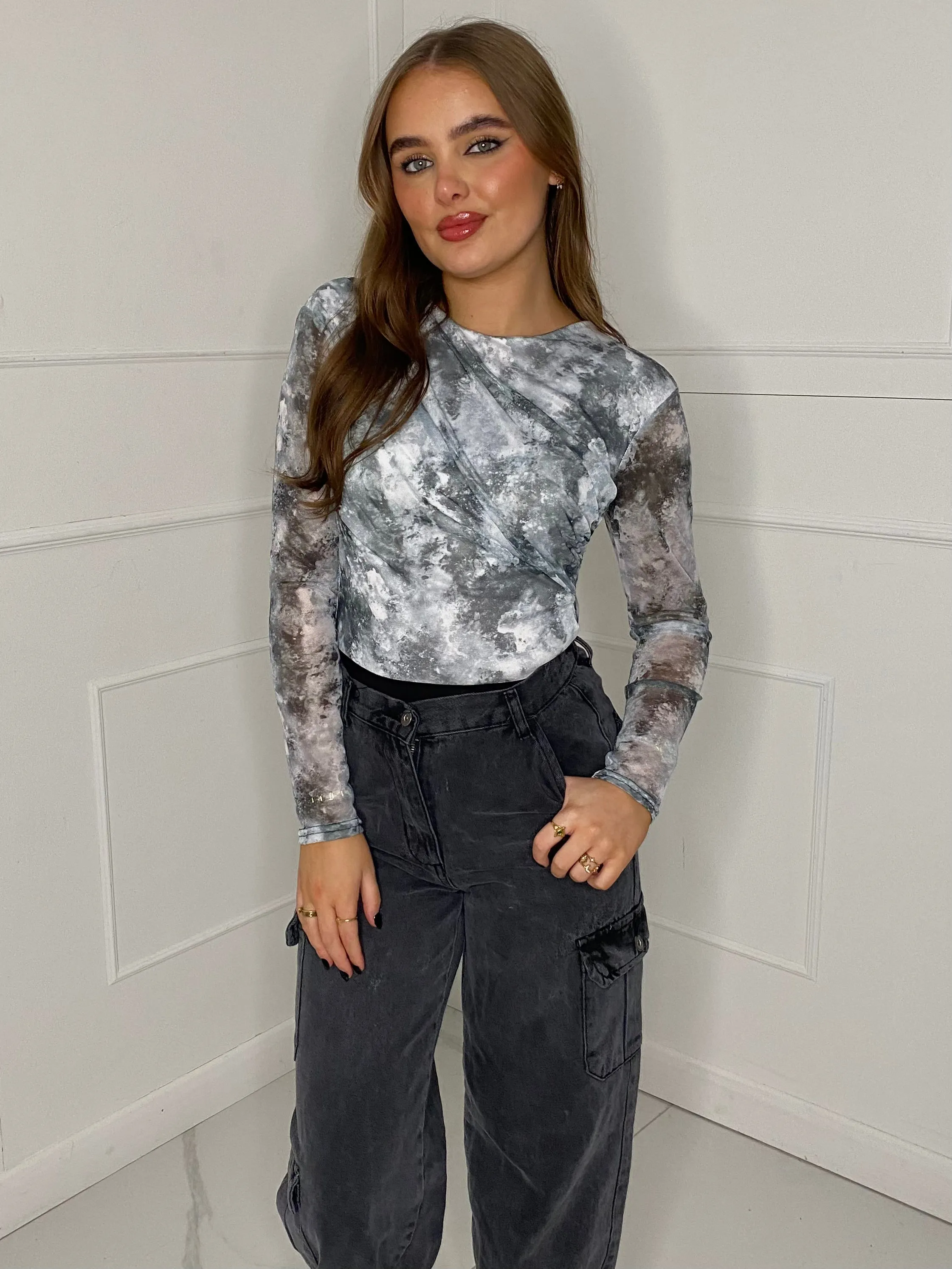 Mesh Marble Print Bodysuit - Monochrome