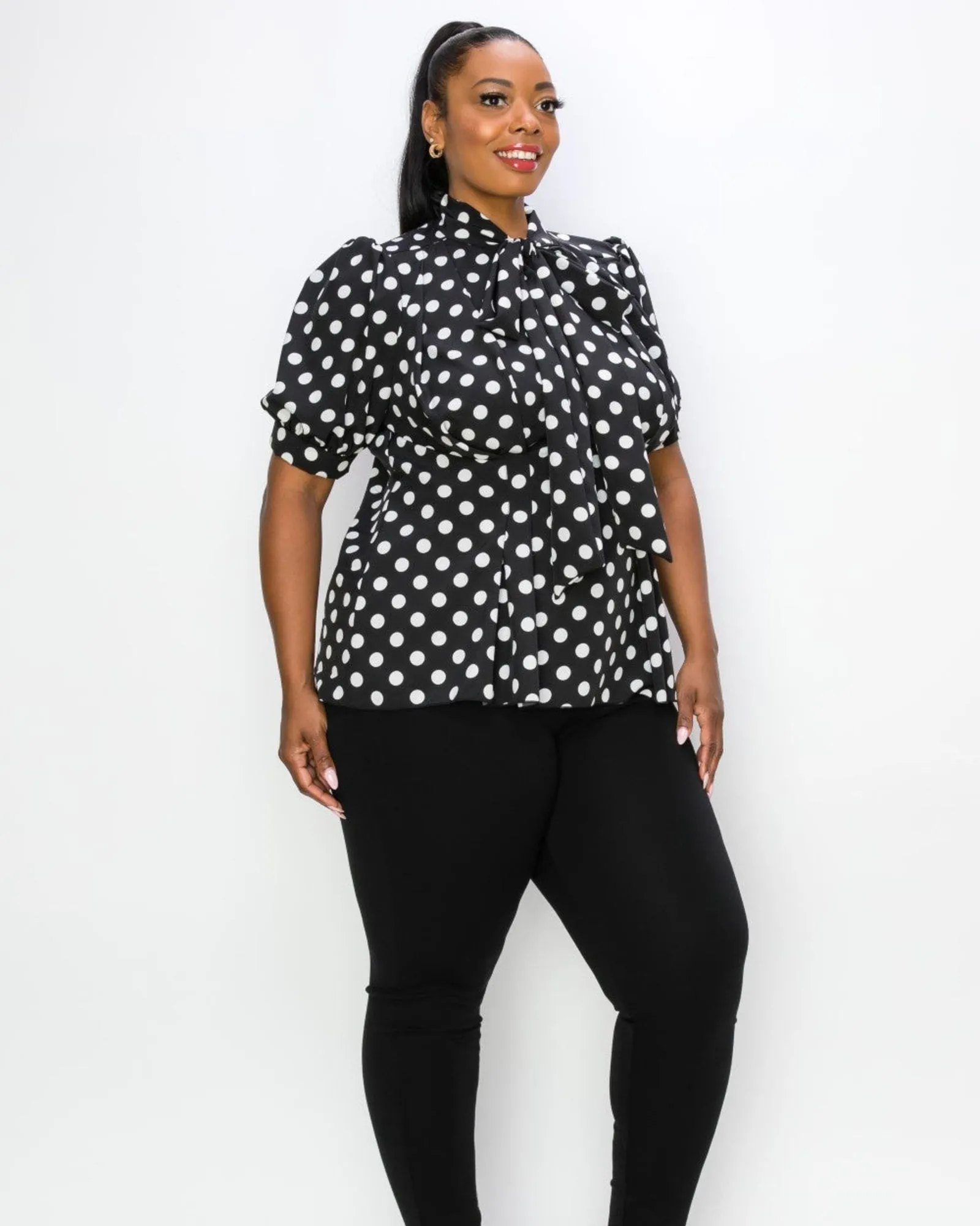 Minnie Polka Dot Tie Neck Blouse | Navy/Ivory