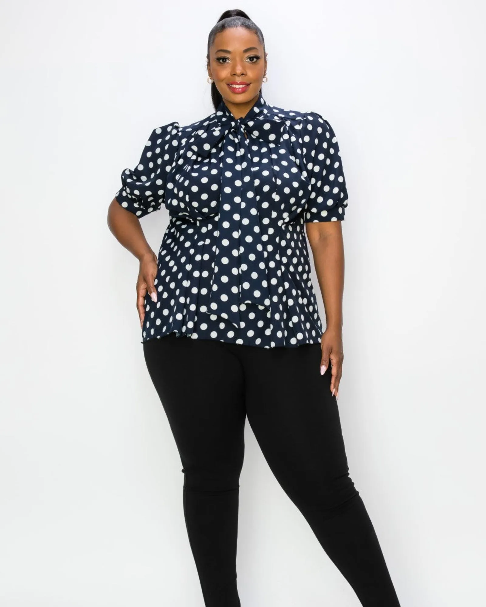 Minnie Polka Dot Tie Neck Blouse | Navy/Ivory