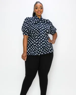 Minnie Polka Dot Tie Neck Blouse | Navy/Ivory