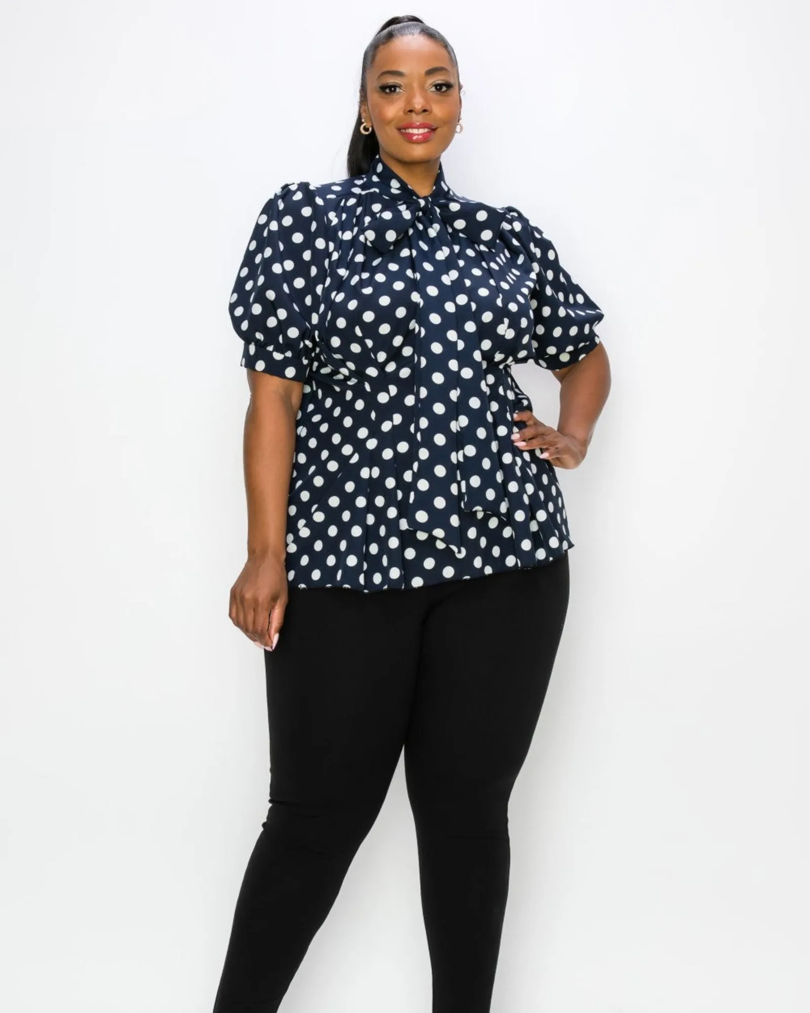 Minnie Polka Dot Tie Neck Blouse | Navy/Ivory