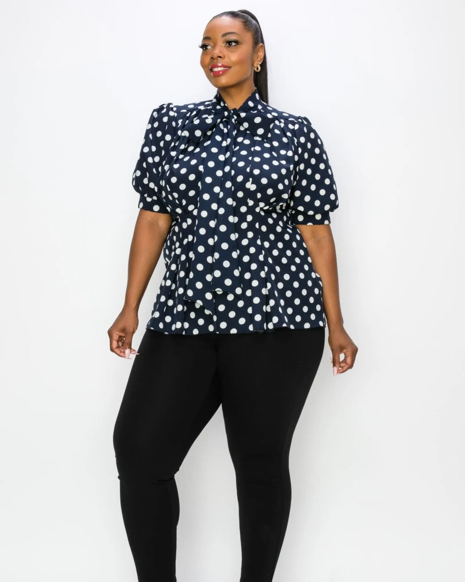 Minnie Polka Dot Tie Neck Blouse | Navy/Ivory
