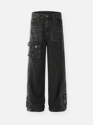 Multi-Pocket Design Washed Workwear Straight Jeans