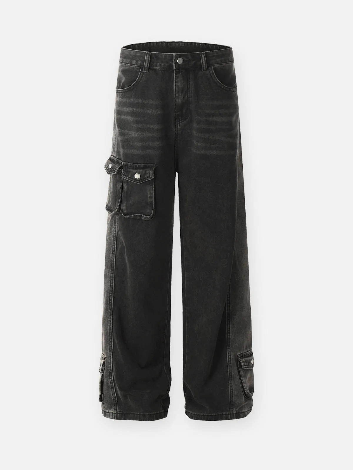 Multi-Pocket Design Washed Workwear Straight Jeans