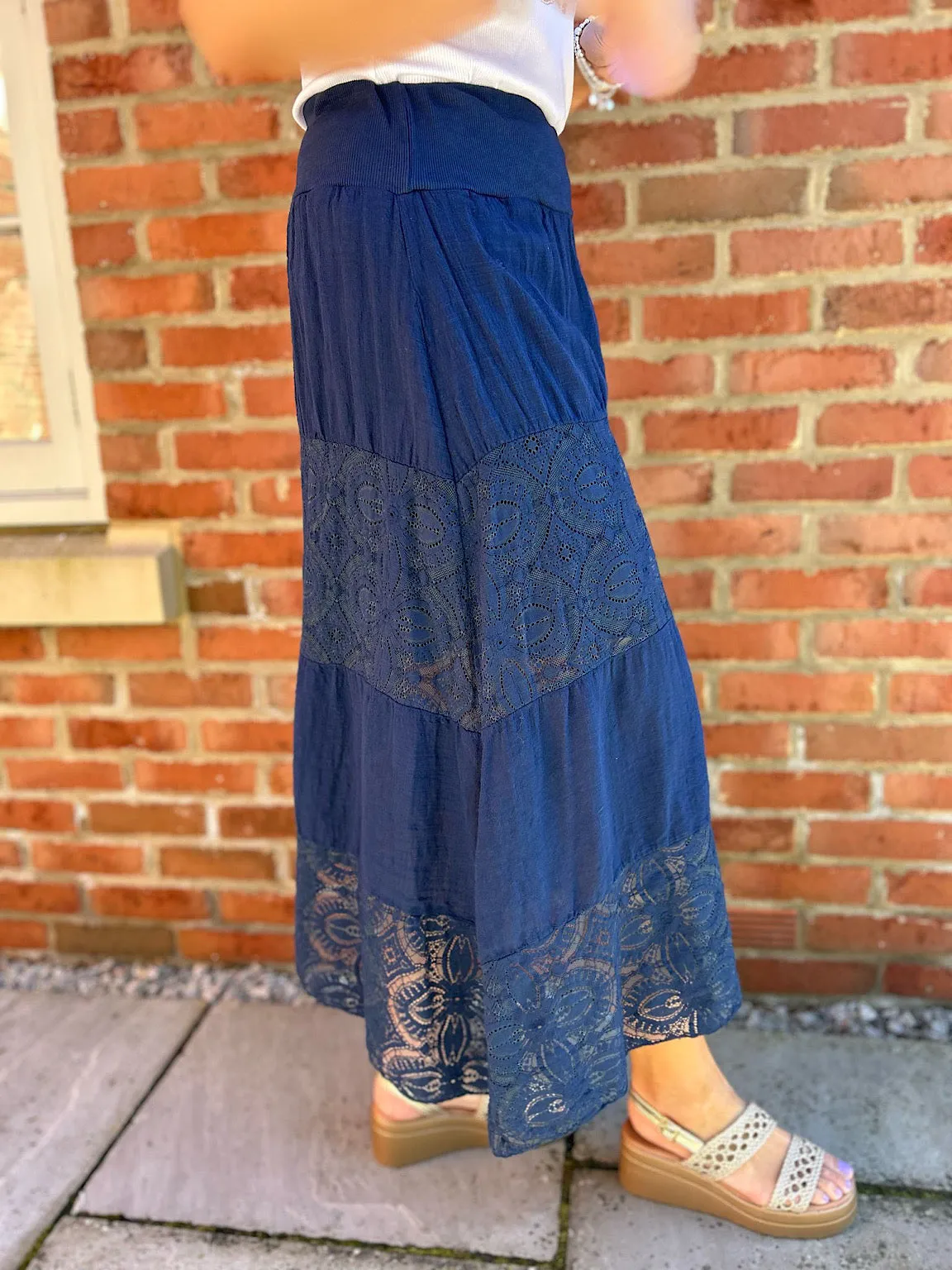 Navy Lace Block Panel Skirt