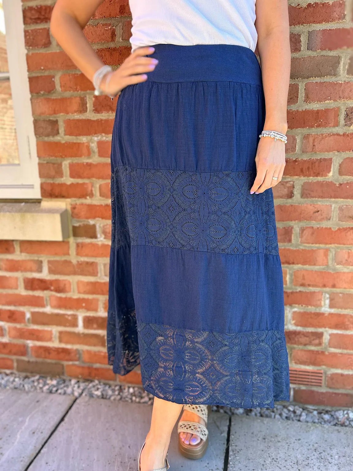 Navy Lace Block Panel Skirt