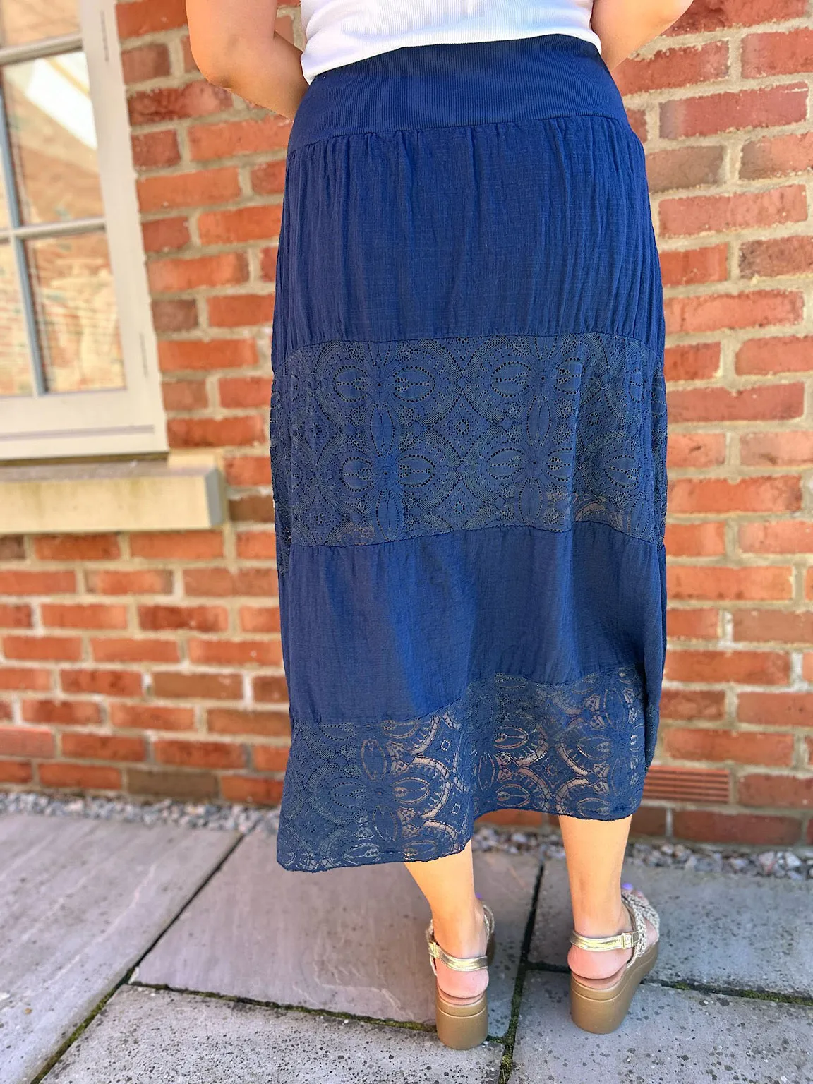 Navy Lace Block Panel Skirt