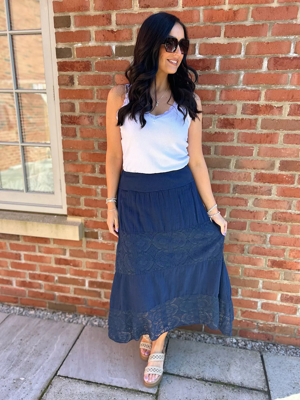 Navy Lace Block Panel Skirt