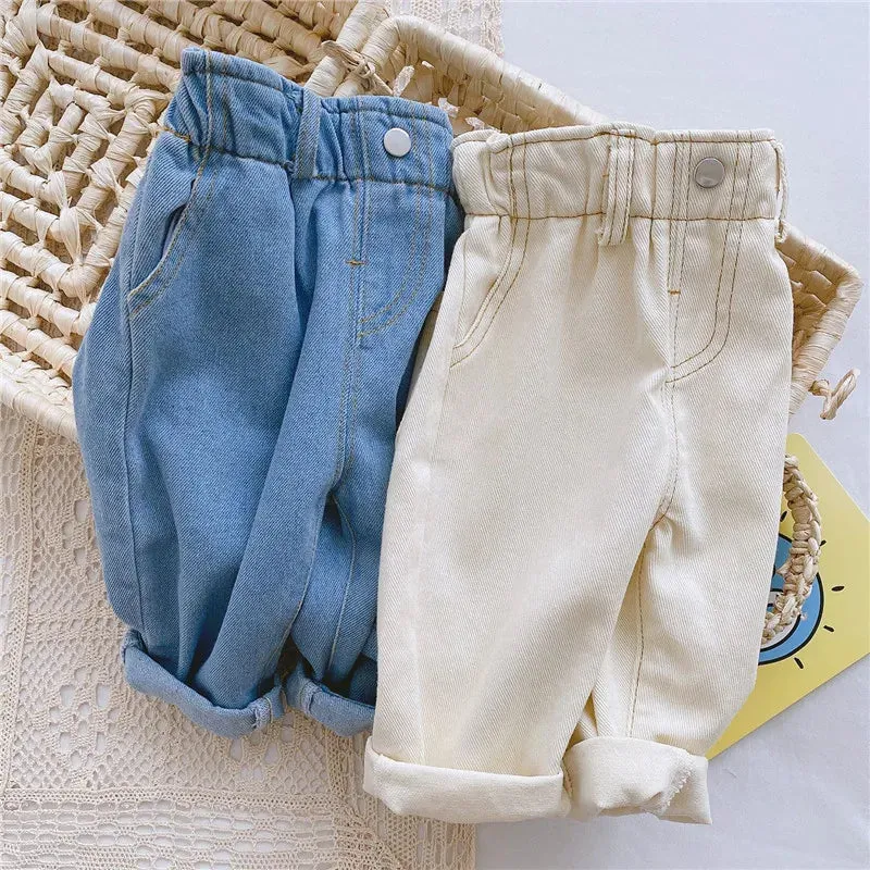 New Jeans Baby Girls Boys Pants High Waist Solid Color Outside Children's Trousers Autumn Winter Fashion Kids Cowboy Jeans 2024