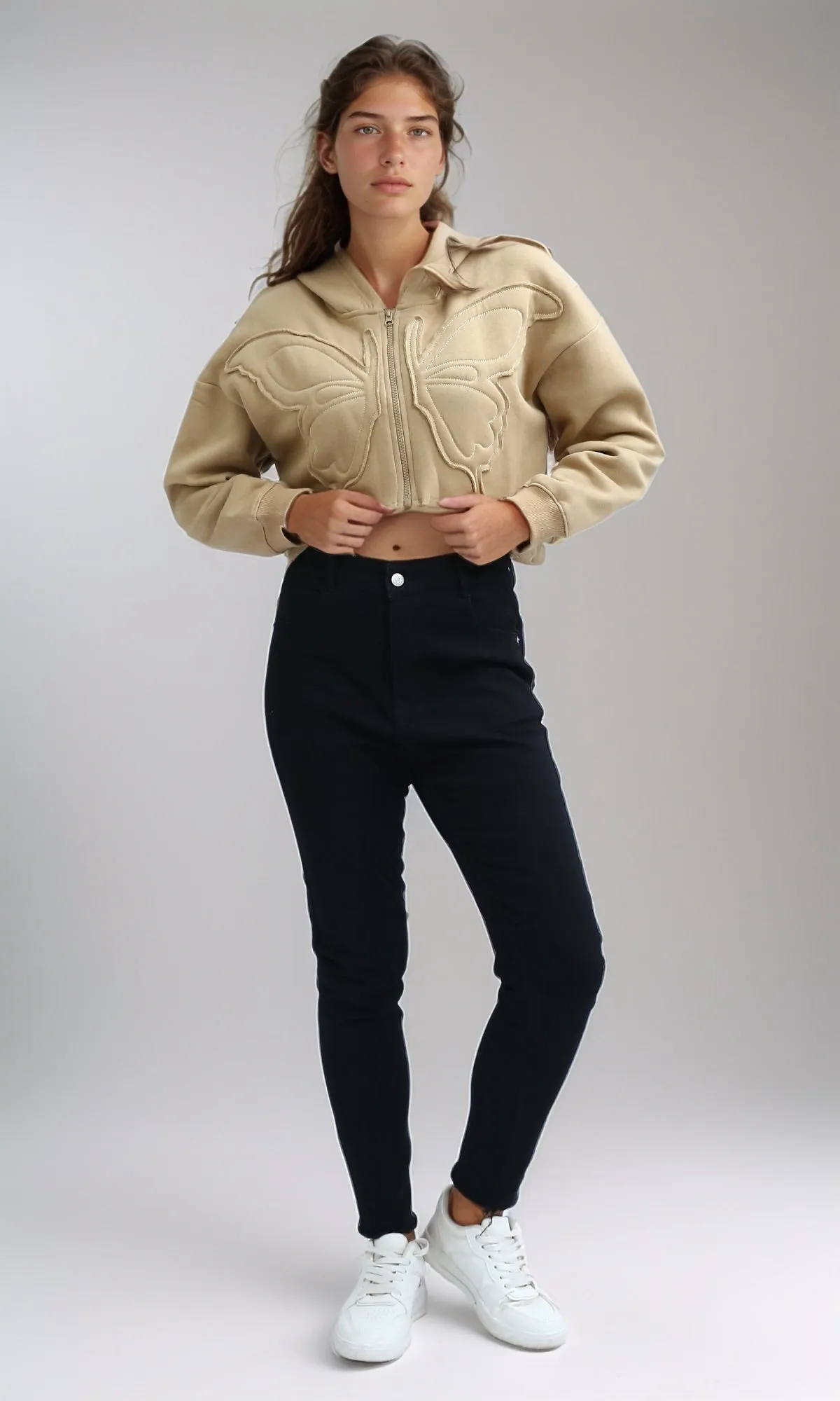 O199241 - Relaxed Fit Printed ''Butterfly'' Cropped Hoodie - Beige