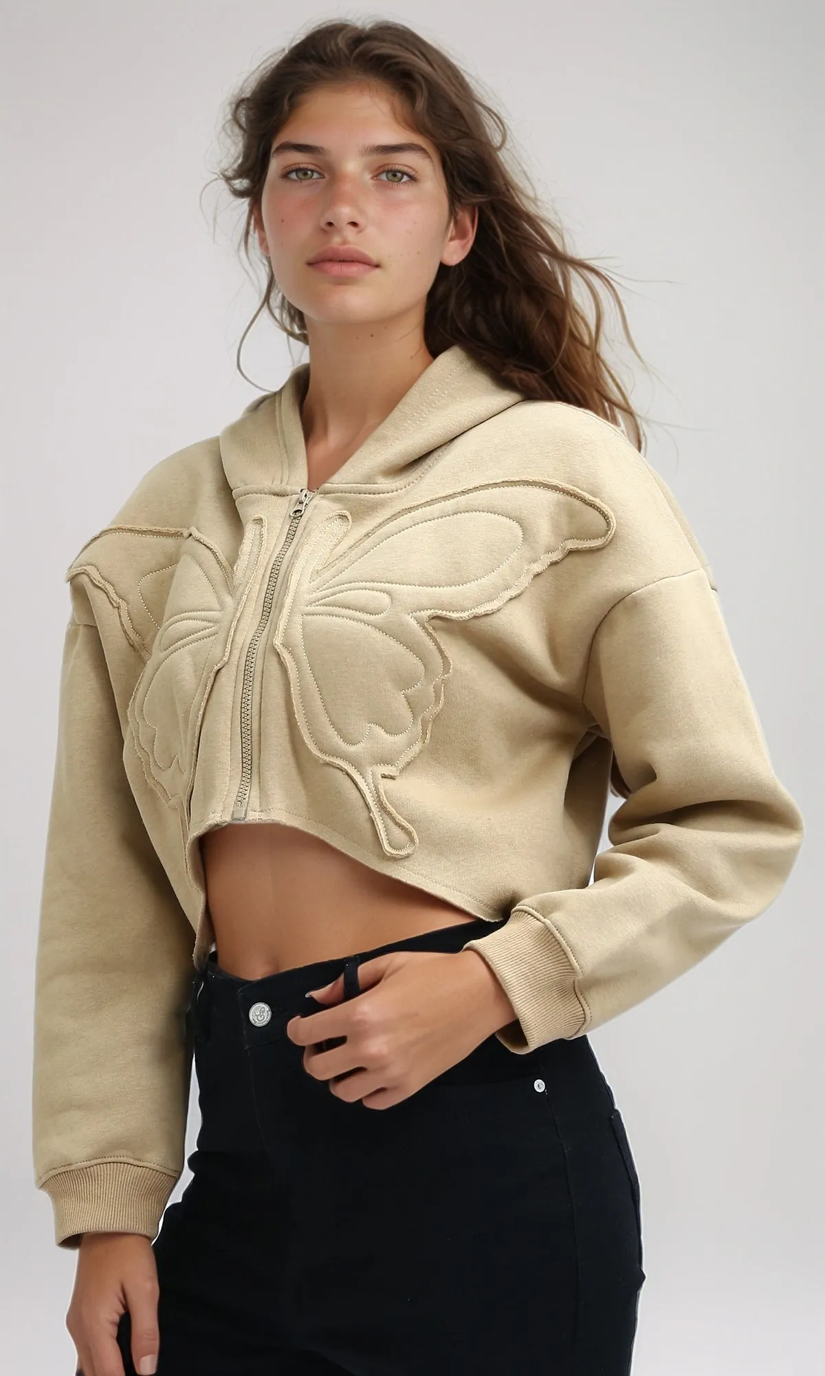 O199241 - Relaxed Fit Printed ''Butterfly'' Cropped Hoodie - Beige