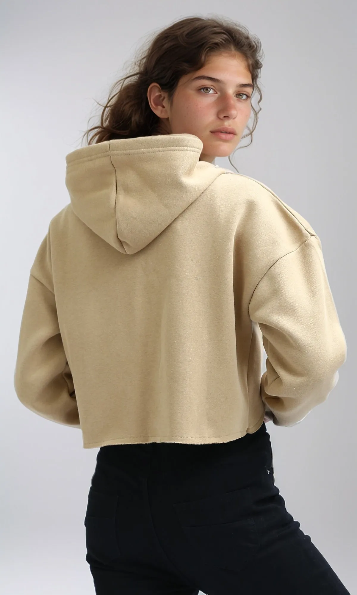O199241 - Relaxed Fit Printed ''Butterfly'' Cropped Hoodie - Beige
