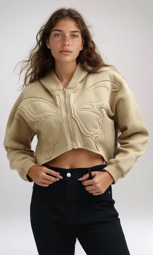 O199241 - Relaxed Fit Printed ''Butterfly'' Cropped Hoodie - Beige