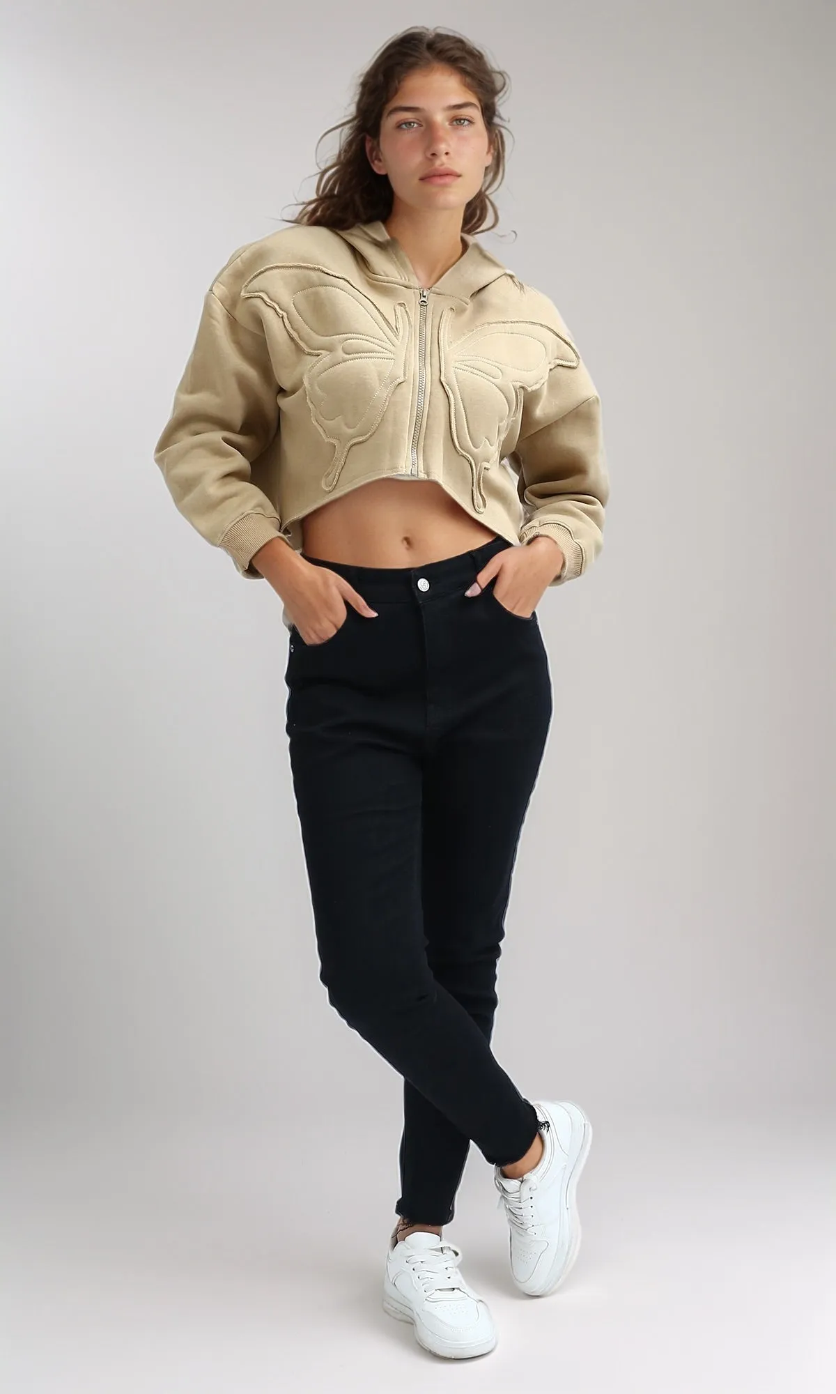 O199241 - Relaxed Fit Printed ''Butterfly'' Cropped Hoodie - Beige