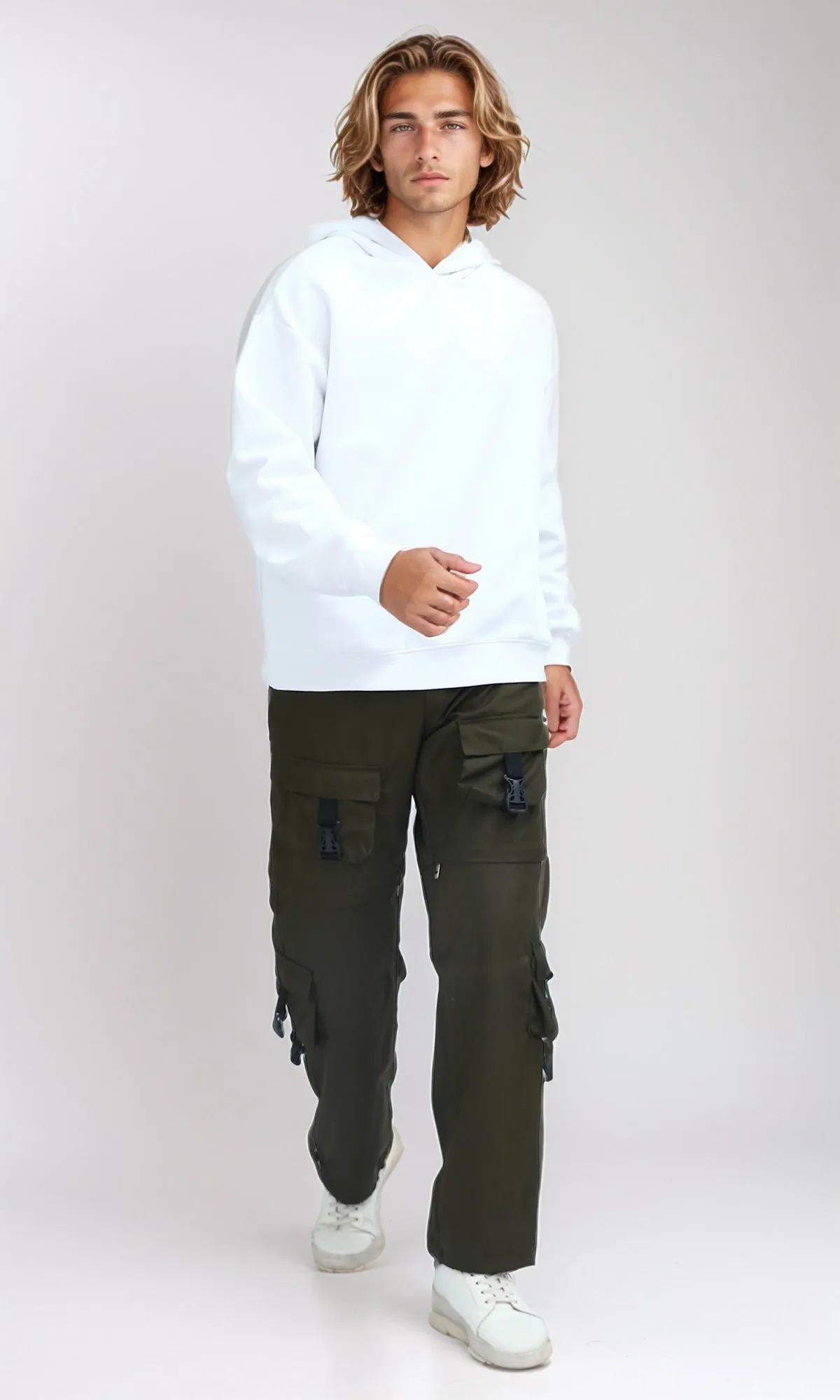 O201283 - Solid Relaxed Fit White Casual Hoodie