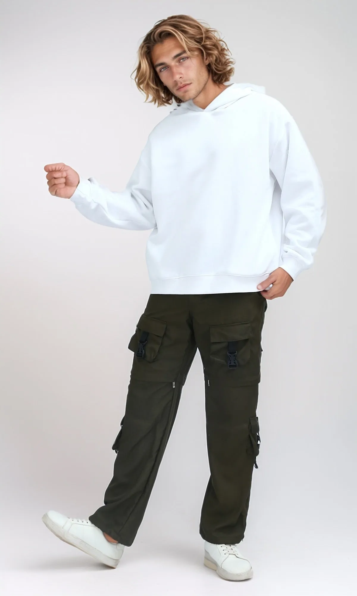 O201283 - Solid Relaxed Fit White Casual Hoodie