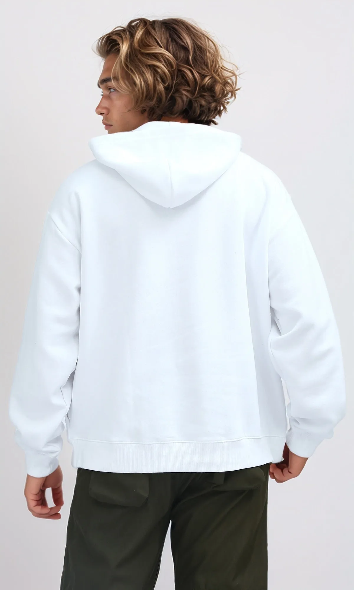 O201283 - Solid Relaxed Fit White Casual Hoodie