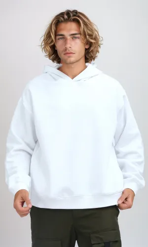 O201283 - Solid Relaxed Fit White Casual Hoodie