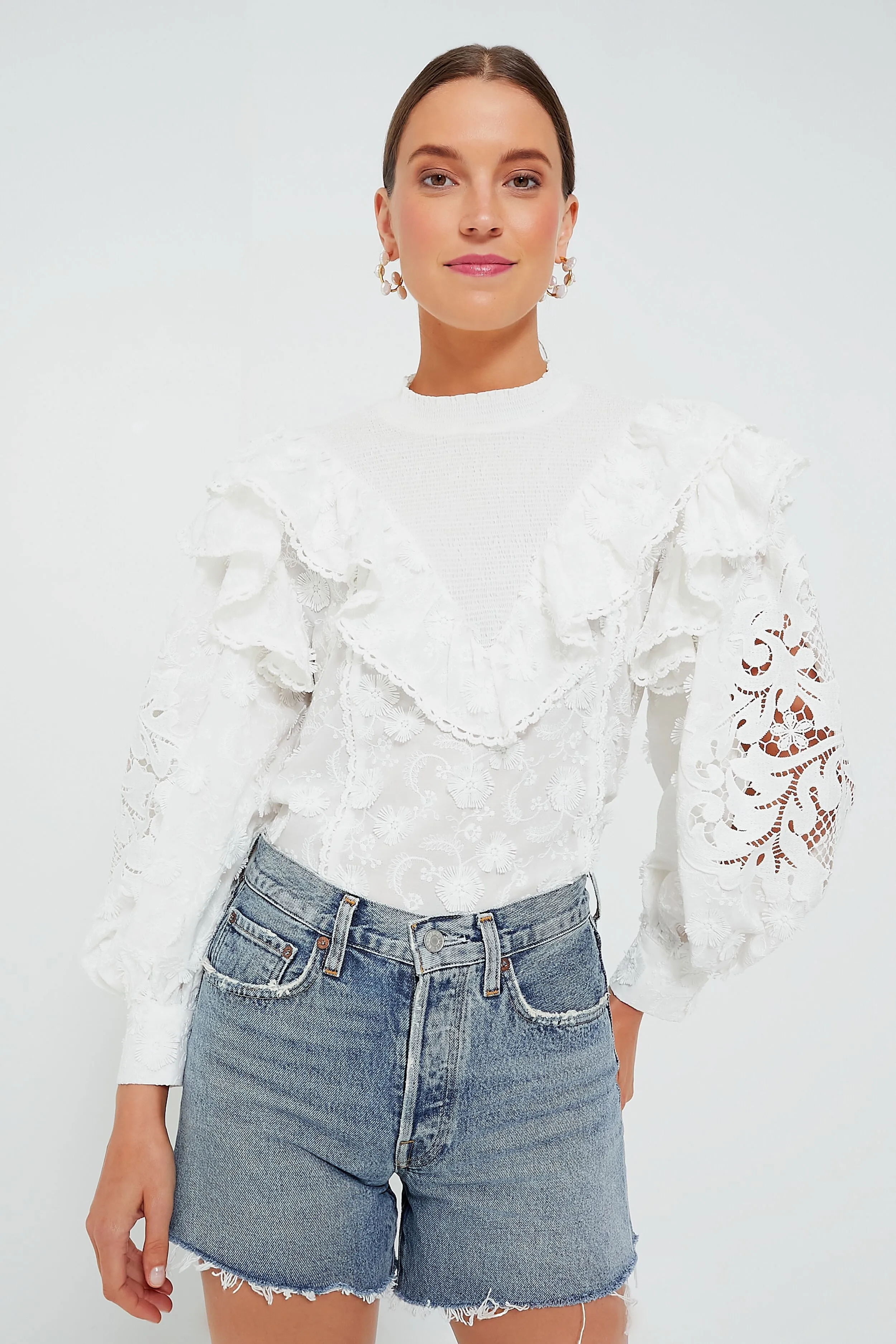 Off White Smocked Yoke 3D Flower Blouse