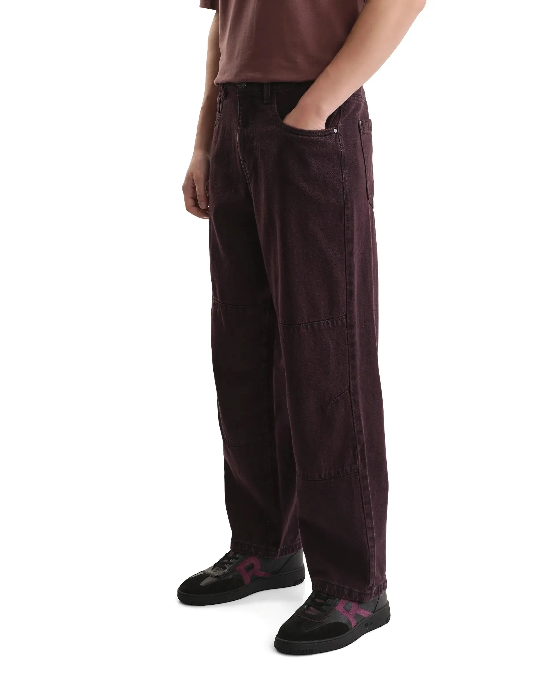 Rare Rabbit Men's Niop Dark Purple Cotton Fabric Mid Rise Baggy Fit Jeans