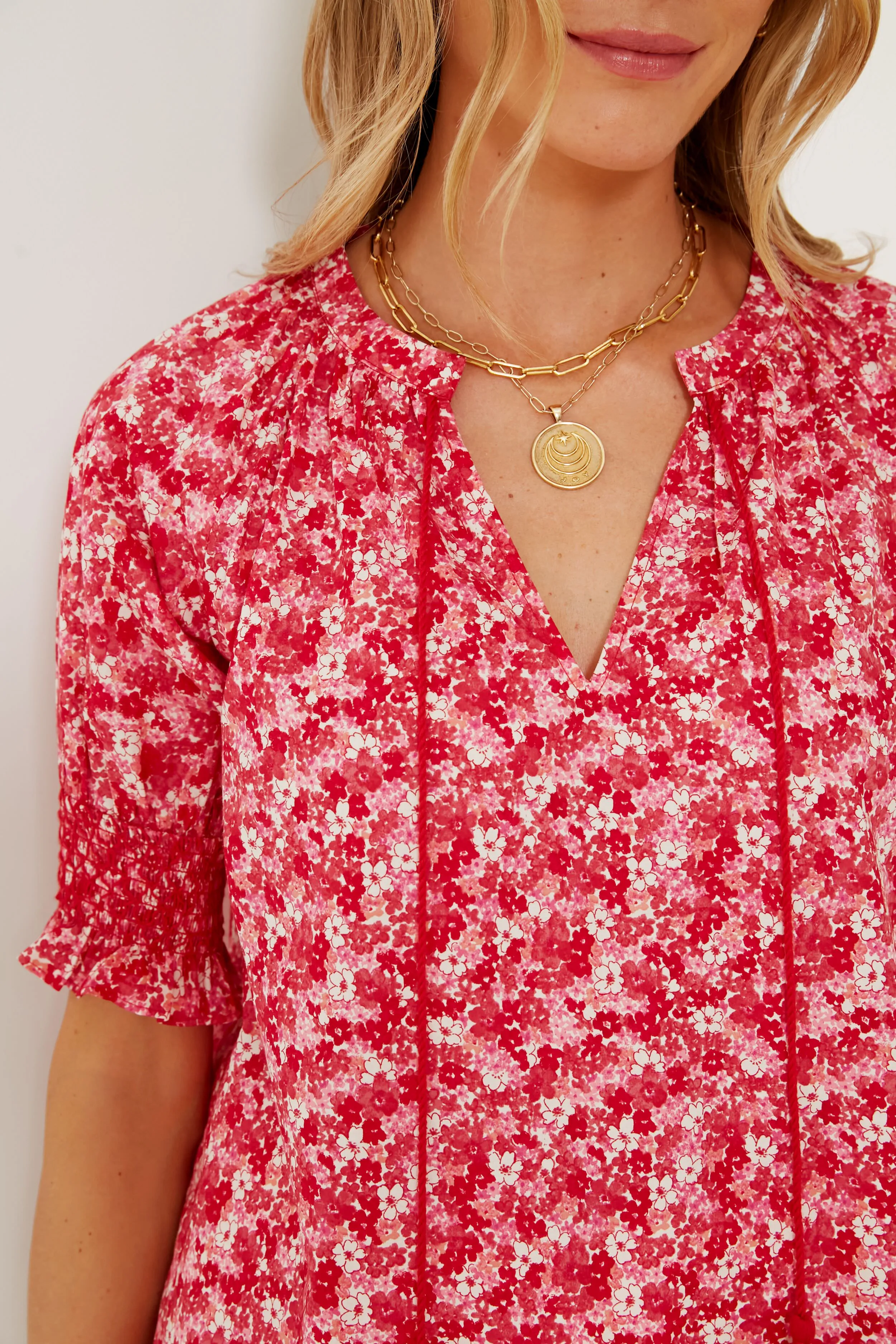 Red and Pink Floral V-Neck Colleen Blouse