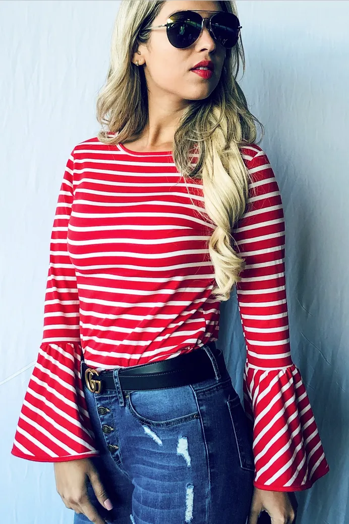 Red Striped Bell Sleeve Top