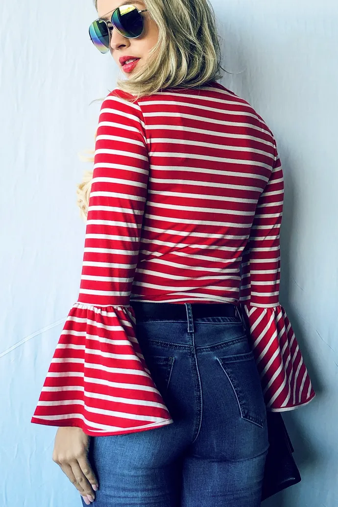 Red Striped Bell Sleeve Top