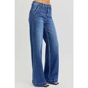RISEN Full Size High Rise Wide Leg Jeans with Slanted Pockets trendy jean waist Basic Fit Womenswear Comfortable Style Pants