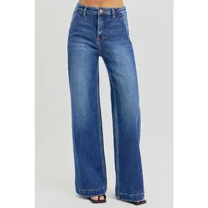 RISEN Full Size High Rise Wide Leg Jeans with Slanted Pockets trendy jean waist Basic Fit Womenswear Comfortable Style Pants
