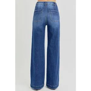RISEN Full Size High Rise Wide Leg Jeans with Slanted Pockets trendy jean waist Basic Fit Womenswear Comfortable Style Pants