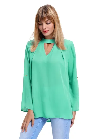 Sexy Jade Choker Cut out V Neck Blouse with Keyhole Back