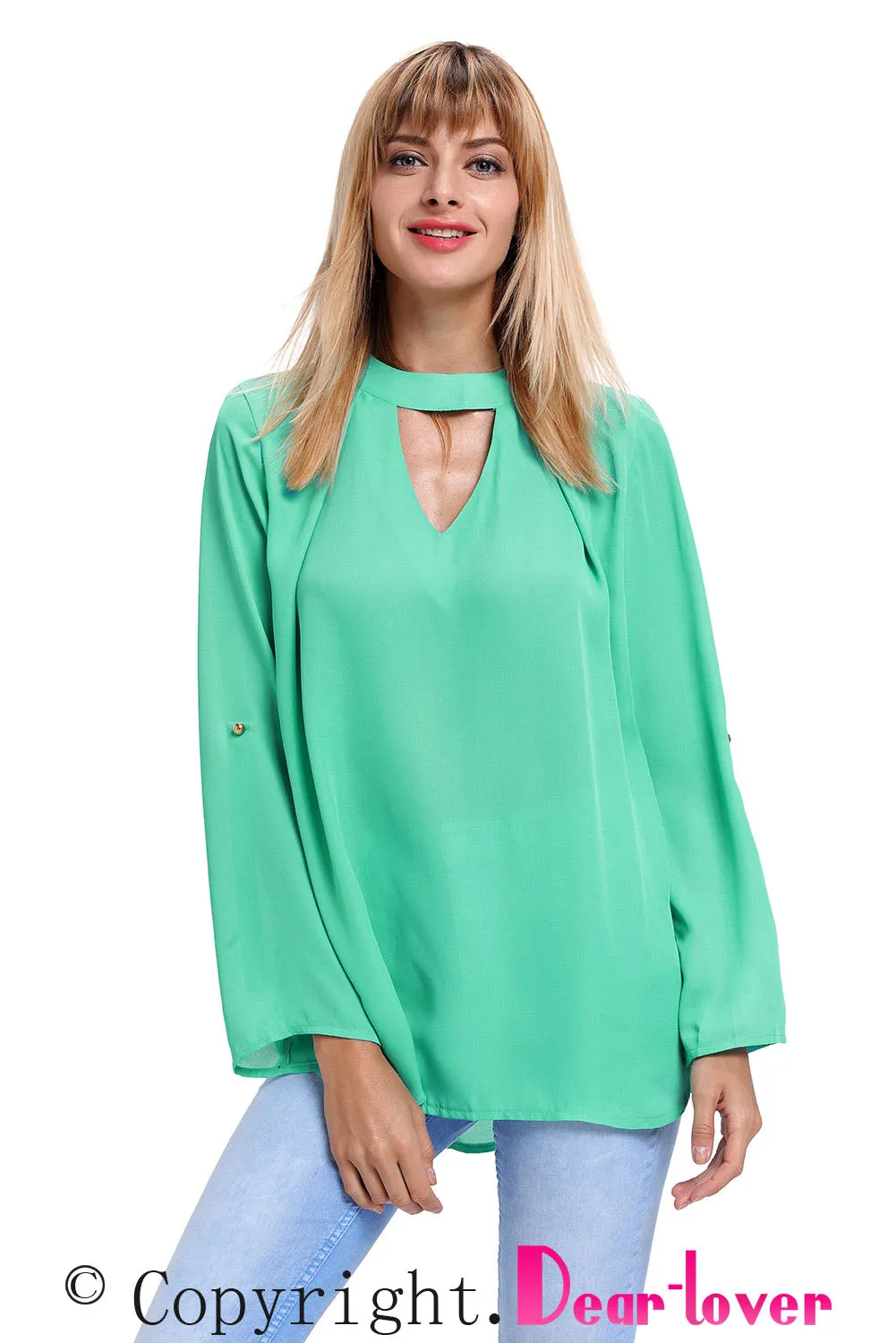 Sexy Jade Choker Cut out V Neck Blouse with Keyhole Back