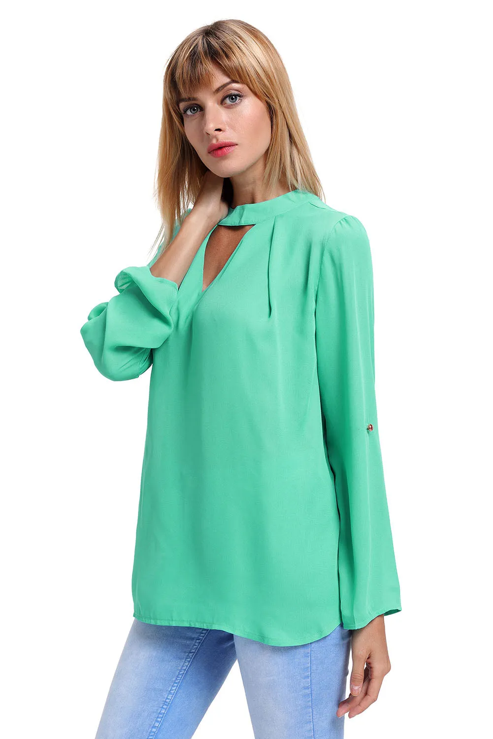 Sexy Jade Choker Cut out V Neck Blouse with Keyhole Back