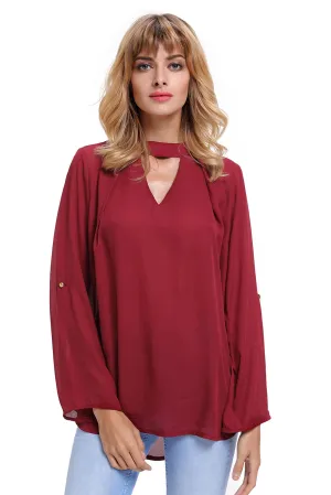 Sexy Wine Choker Cut out V Neck Blouse with Keyhole Back