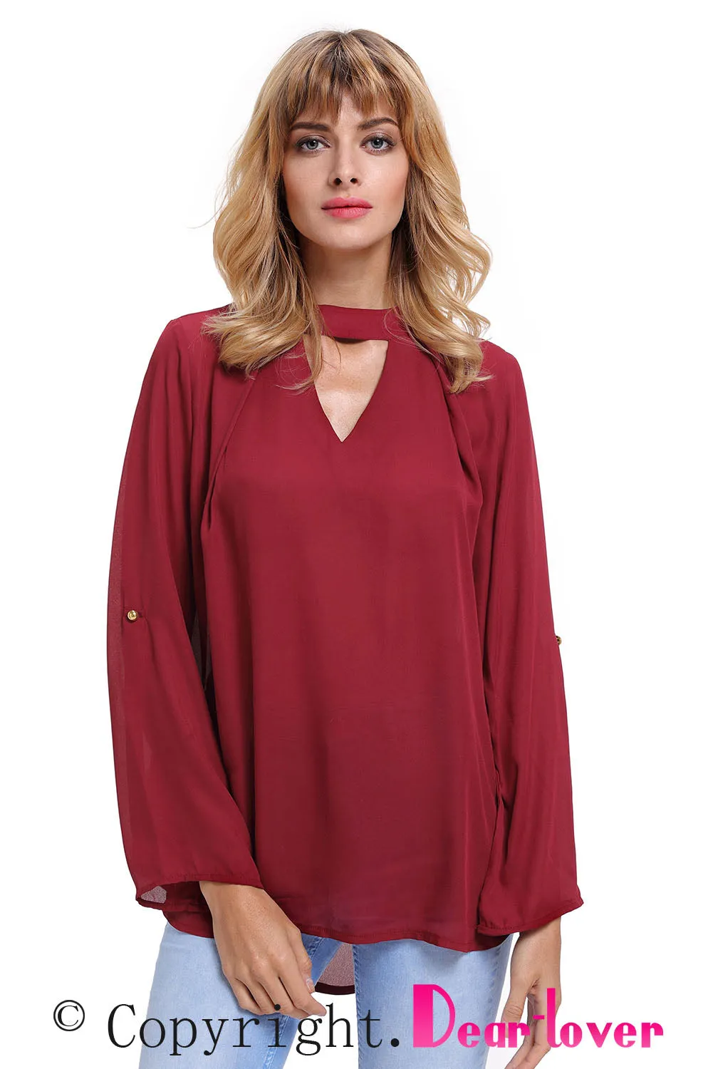 Sexy Wine Choker Cut out V Neck Blouse with Keyhole Back