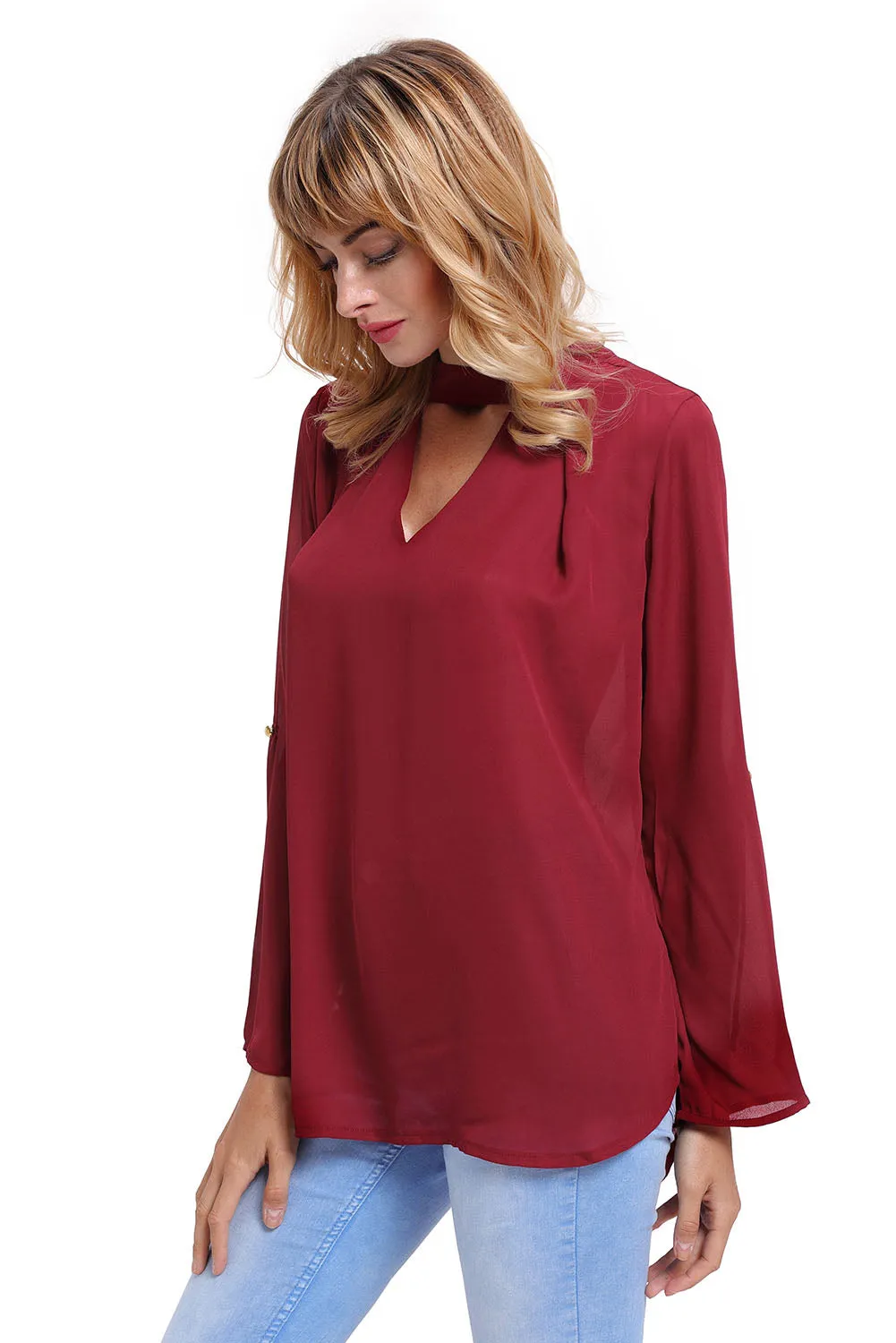Sexy Wine Choker Cut out V Neck Blouse with Keyhole Back