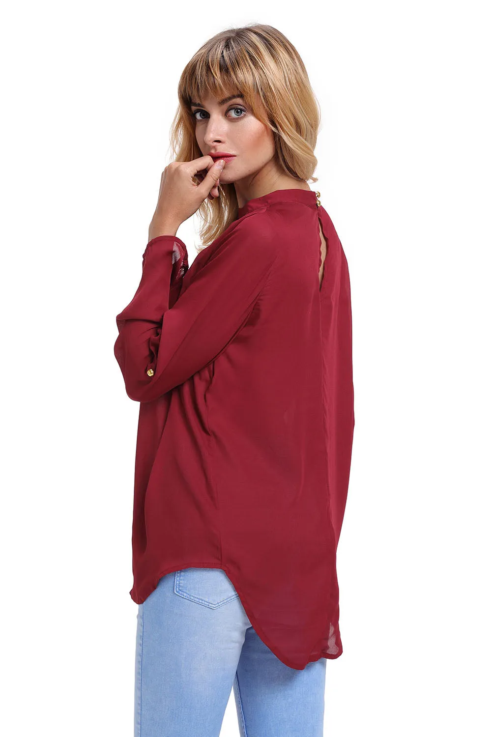 Sexy Wine Choker Cut out V Neck Blouse with Keyhole Back