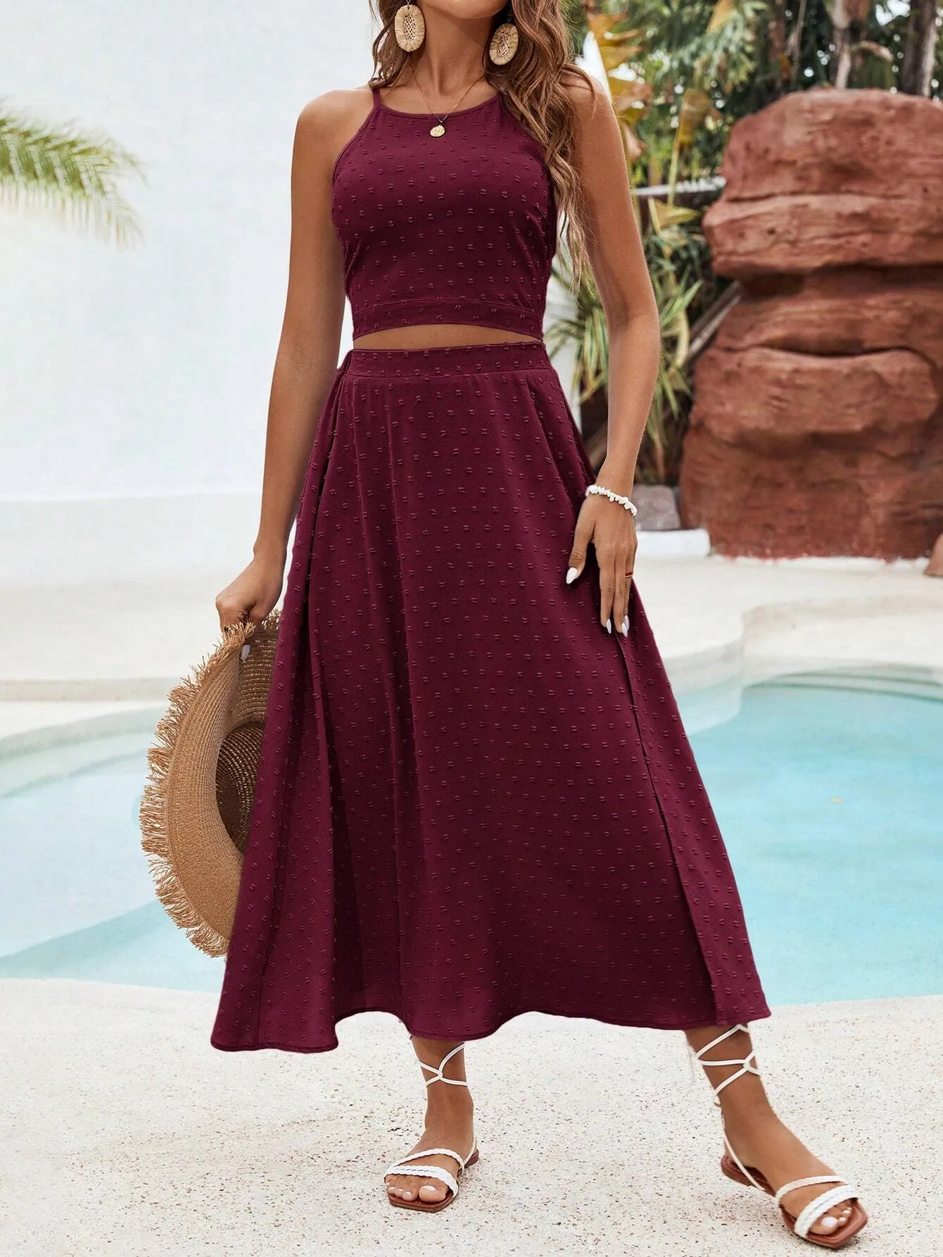 SHEIN VCAY Solid Color Texture Casual Two Piece Beach Set For Vacation