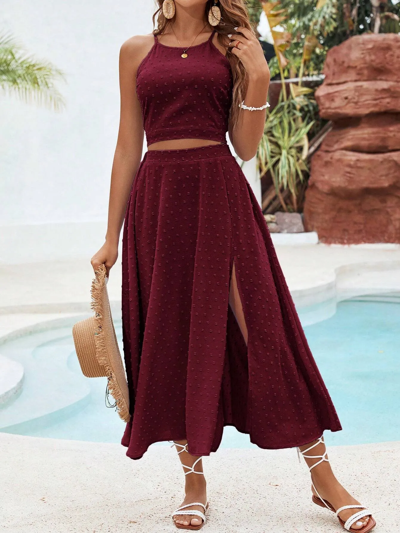 SHEIN VCAY Solid Color Texture Casual Two Piece Beach Set For Vacation