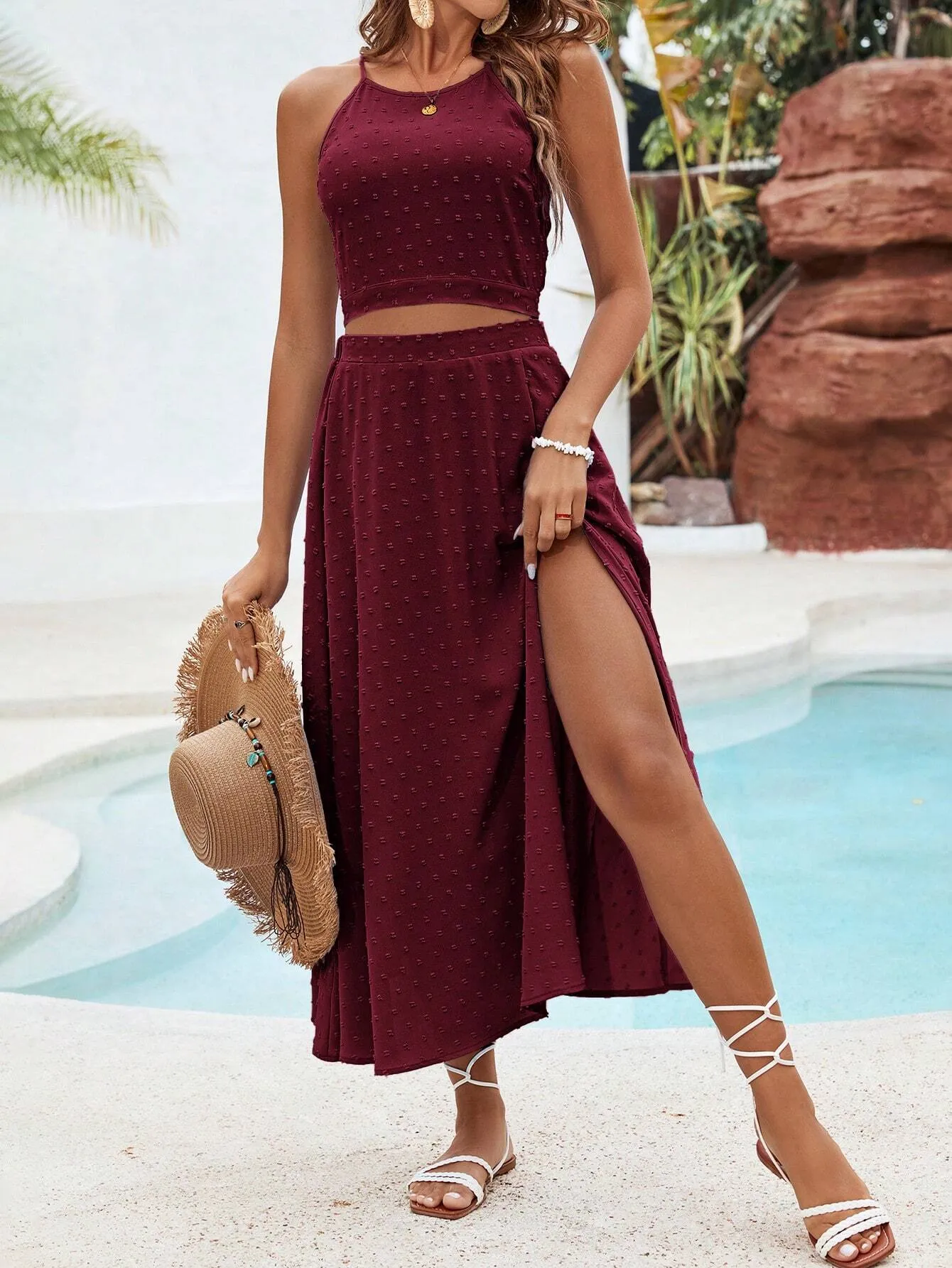 SHEIN VCAY Solid Color Texture Casual Two Piece Beach Set For Vacation