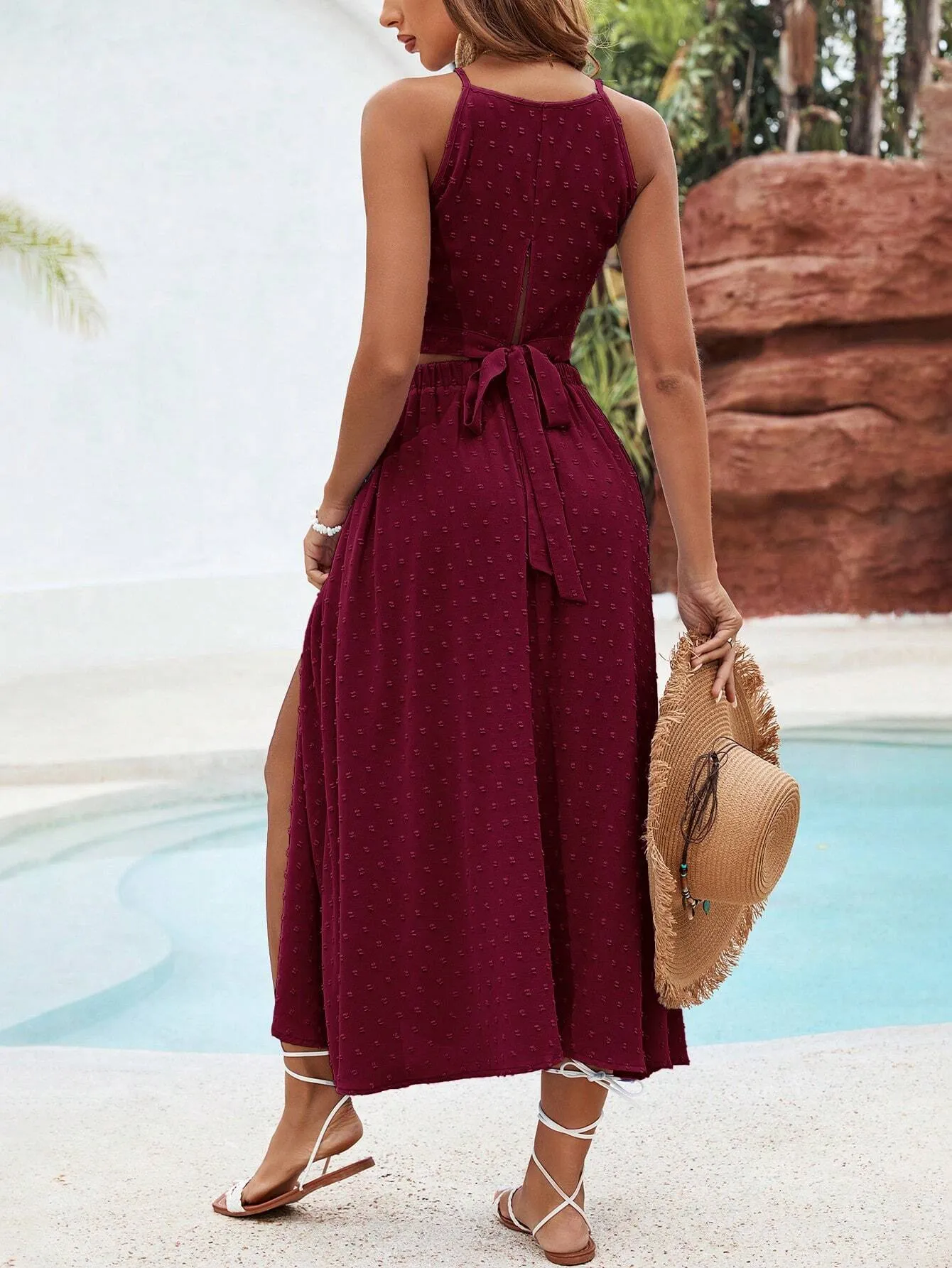 SHEIN VCAY Solid Color Texture Casual Two Piece Beach Set For Vacation