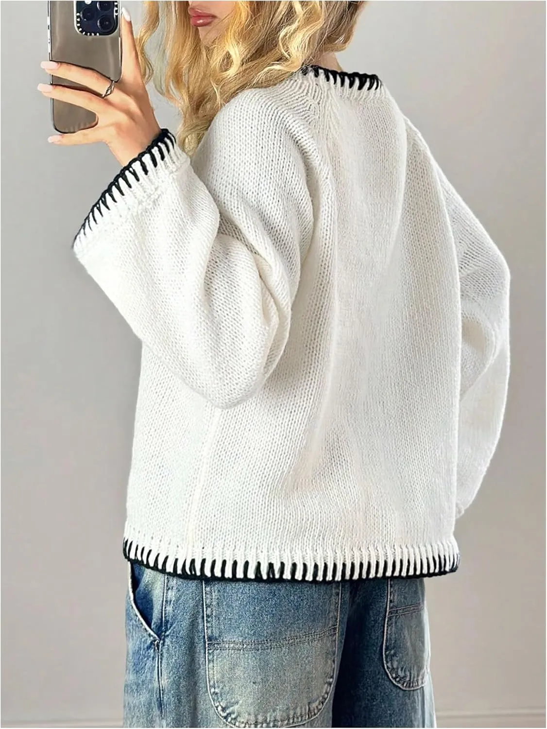 SHENHE Women's Oversized Graphic Pullover Sweater Crew Neck Cute Soft Knitted Sweater