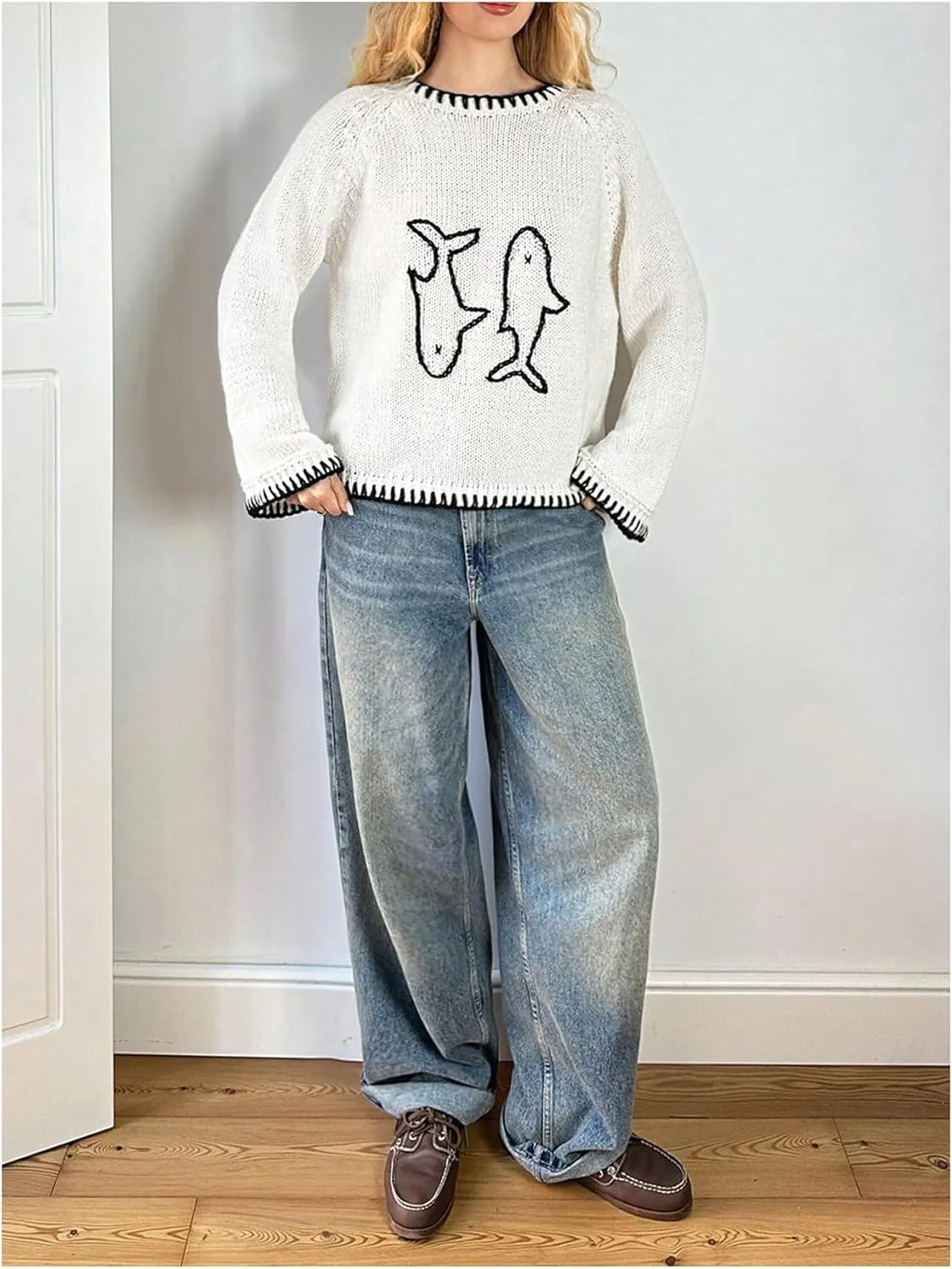 SHENHE Women's Oversized Graphic Pullover Sweater Crew Neck Cute Soft Knitted Sweater