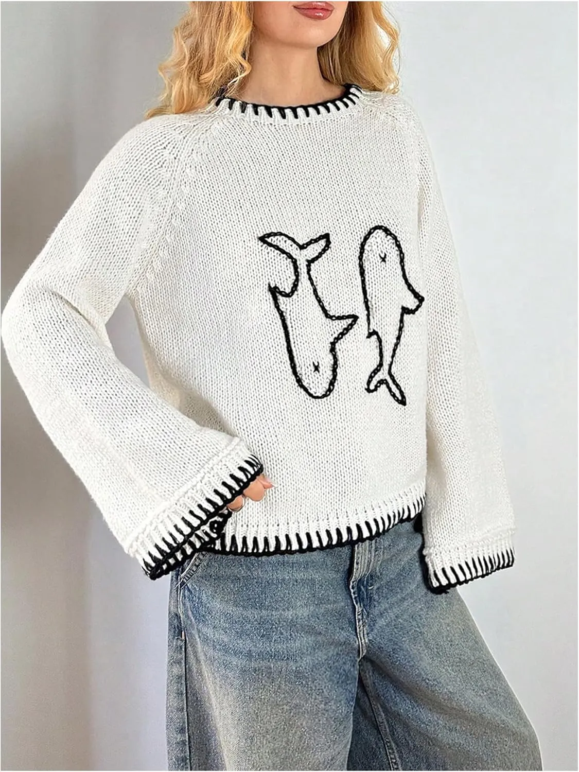 SHENHE Women's Oversized Graphic Pullover Sweater Crew Neck Cute Soft Knitted Sweater