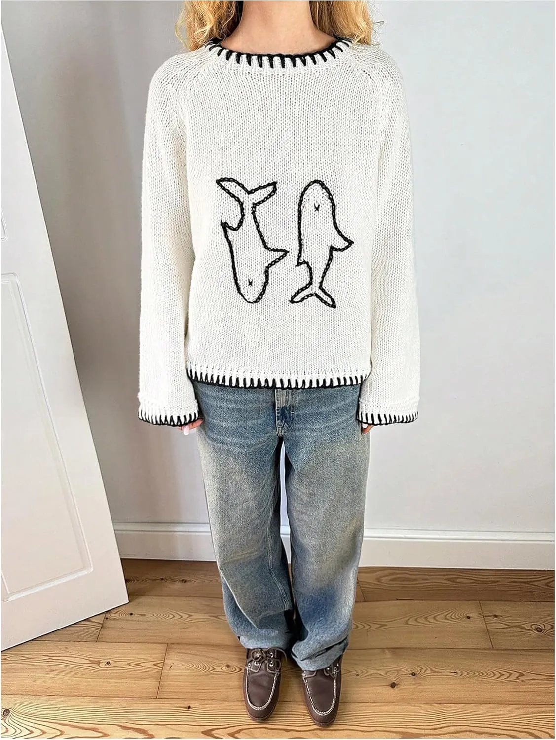 SHENHE Women's Oversized Graphic Pullover Sweater Crew Neck Cute Soft Knitted Sweater